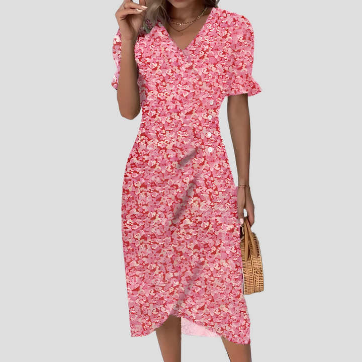 Comfortable women's floral midi dress with breezy puff sleeves & V-neck, an elegant choice for summer and spring.