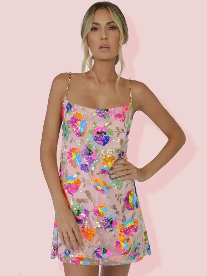 Flowy A-line floral mini dress for women, ideal for beach, casual wear, or elegant summer events.