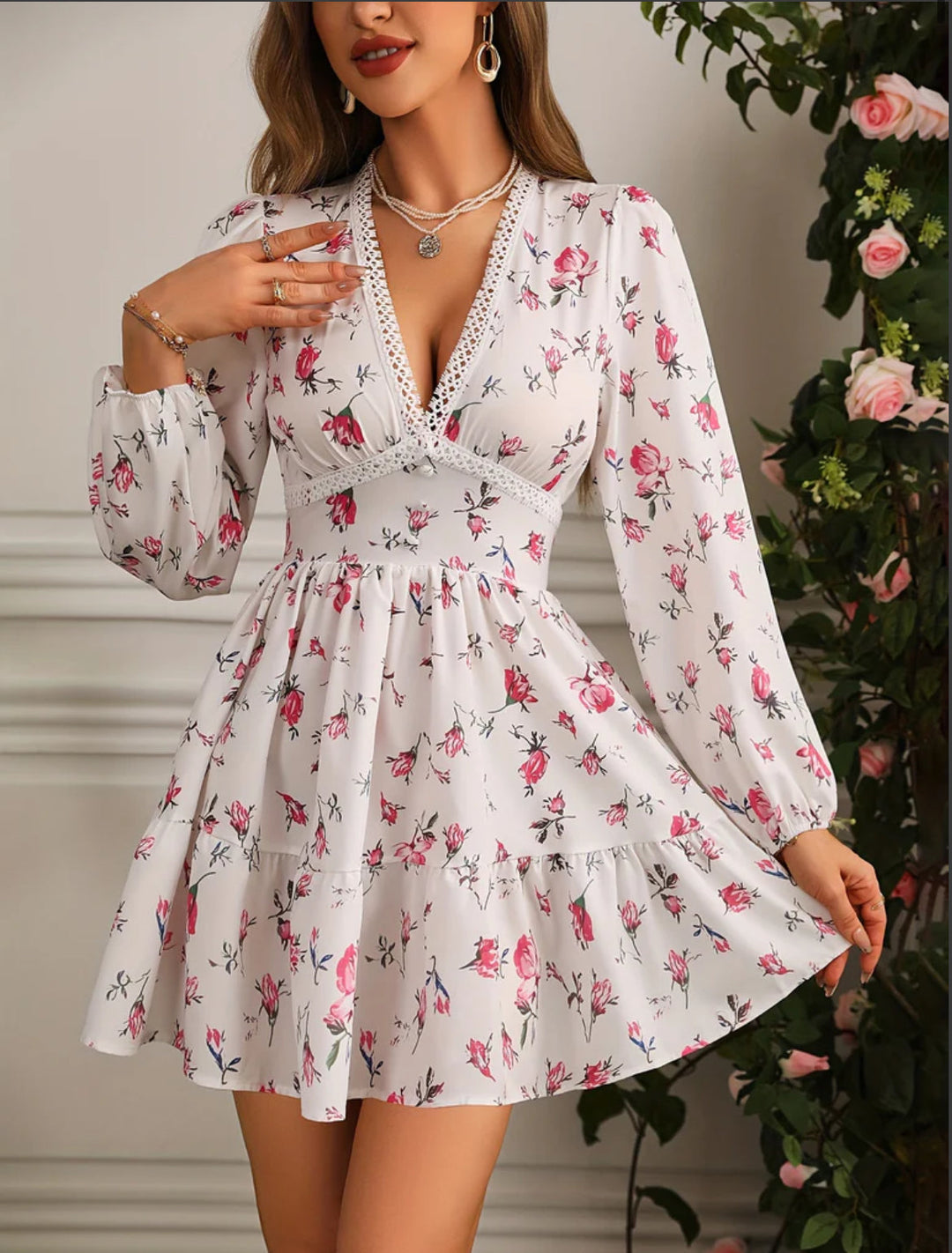 Stylish A-line floral mini dress for women, featuring a V-neck and delicate ruffles, ideal for summer outings.