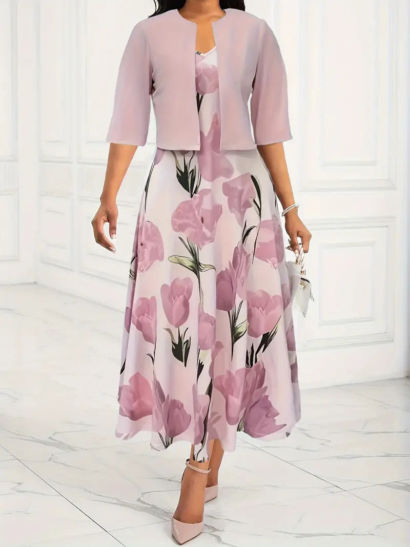 Elegant women's floral pink maxi dress with coordinating jacket. Perfect two-piece set for summer parties & formal occasions.
