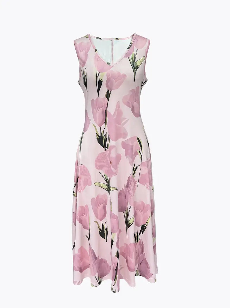Full-length view of women's elegant pink floral maxi dress & matching jacket set. Stylish formal or party ensemble.