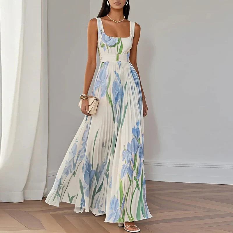 Elegant women's floral pleated maxi dress, perfect for wedding guest or summer party. Square neck design.