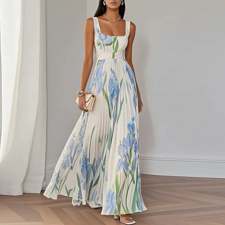 Elegant women's floral pleated maxi dress, perfect for wedding guest or summer party. Square neck design.