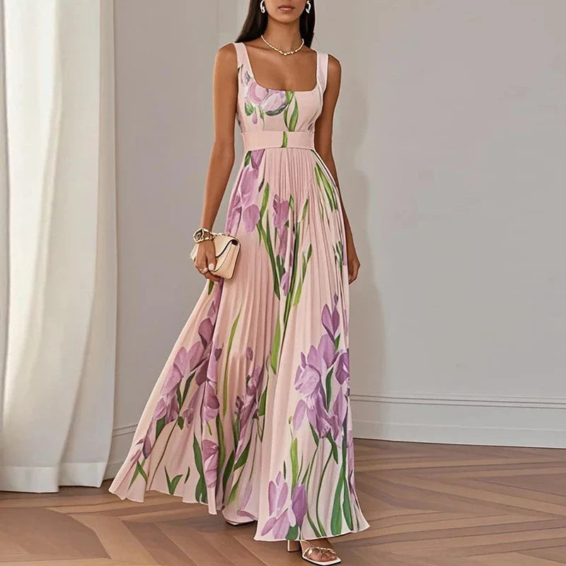 Stylish floral pleated maxi dress with square neck. Elegant summer gown for formal parties & special occasions.