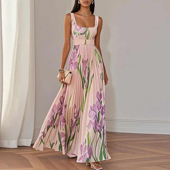 Stylish floral pleated maxi dress with square neck. Elegant summer gown for formal parties & special occasions.