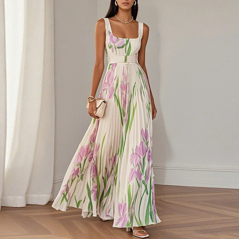 Beautiful floral pattern pleated maxi dress for women. Comfortable elegant square neck gown, ideal for wedding guests.