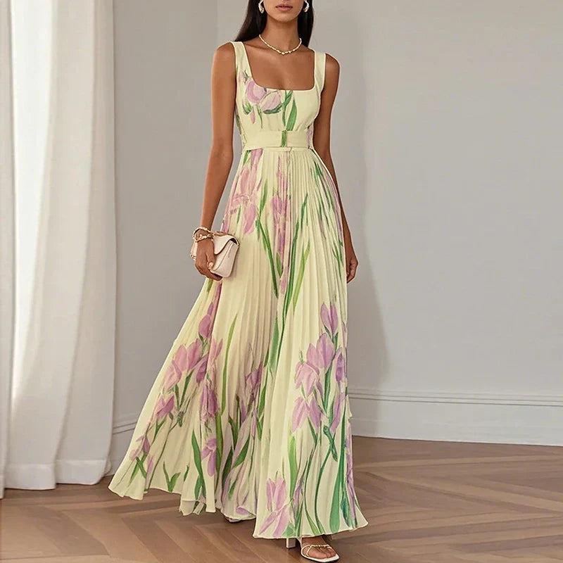Square neck floral pleated maxi dress, an elegant choice for women attending summer weddings & formal events.