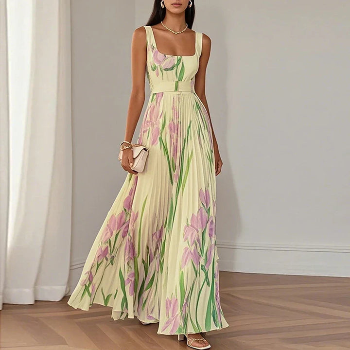 Square neck floral pleated maxi dress, an elegant choice for women attending summer weddings & formal events.