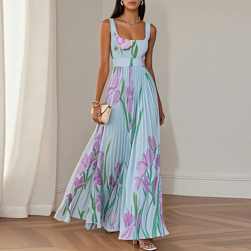Women's elegant floral maxi dress featuring a square neck & pleated skirt. Perfect formal gown for special occasions.