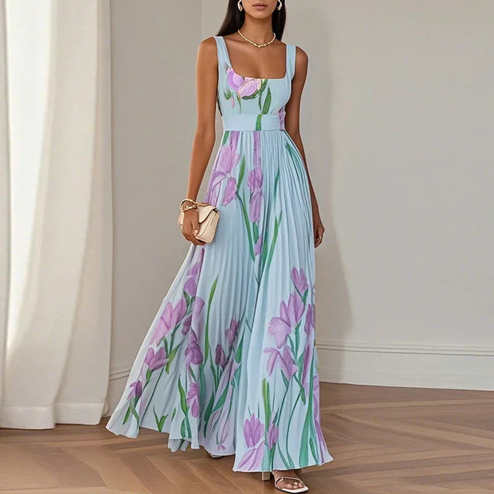 Women's elegant floral maxi dress featuring a square neck & pleated skirt. Perfect formal gown for special occasions.