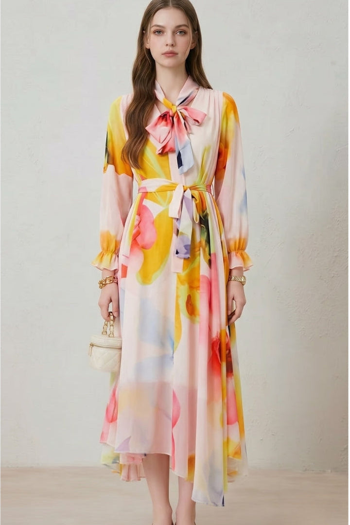 Flowy navy blue floral print maxi dress with long sleeves & belt, versatile for women's spring fashion.