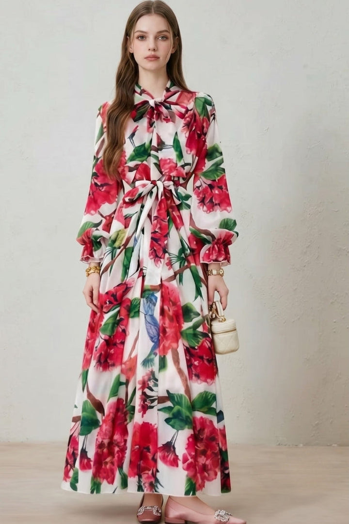 Multicolor floral print women's maxi dress, long sleeve & belted, ideal for elegant occasion wear.