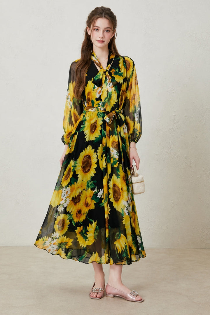 Stylish women's long sleeve belted maxi dress featuring a beautiful floral print, comfortable & chic.
