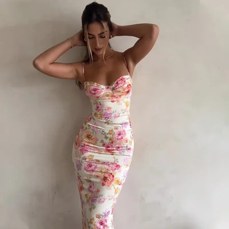 Pastel floral long summer maxi dress for women, ideal for elegant fashion and vacation outfits.