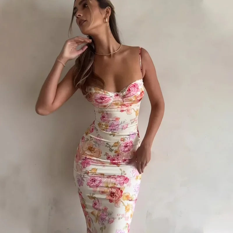 Beautiful women's floral summer maxi dress, long, elegant, with pastel print and adjustable straps.