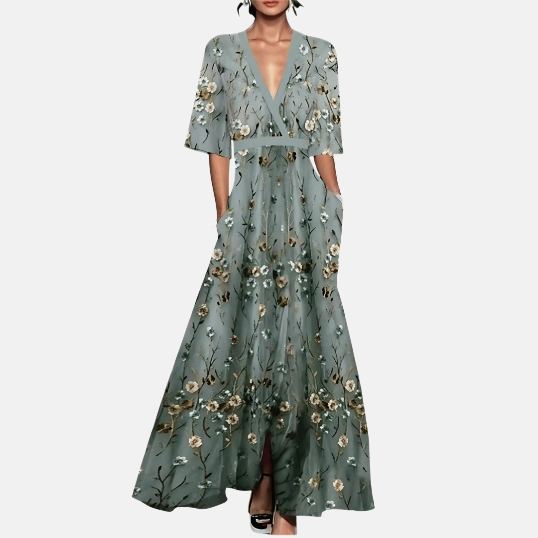 Elegant women's floral print maxi dress with V-neck, perfect for summer casual wear or vacation outfits.