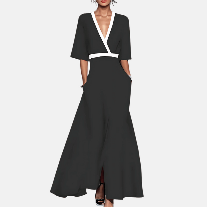 Comfortable V-neck A-line floral maxi dress for women, ideal for spring fashion, parties, or summer events.