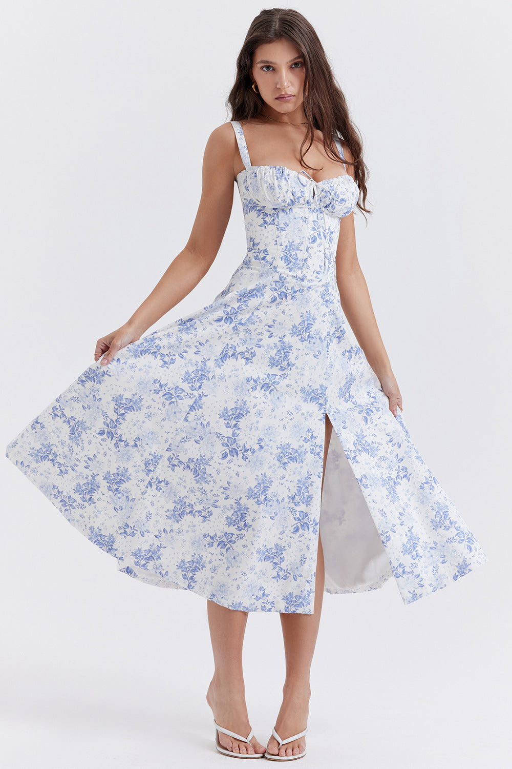 Elegant women's floral print midi dress, perfect for spring parties & summer fashion.