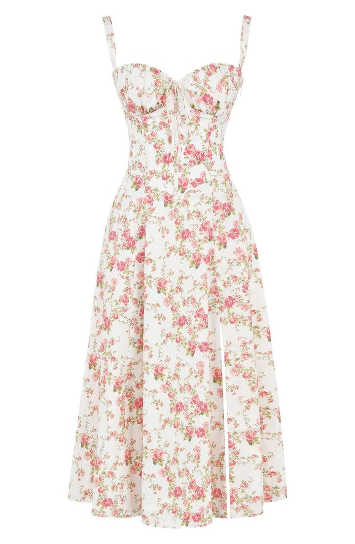 Women's floral print party midi dress, elegant & flowy for spring & summer.