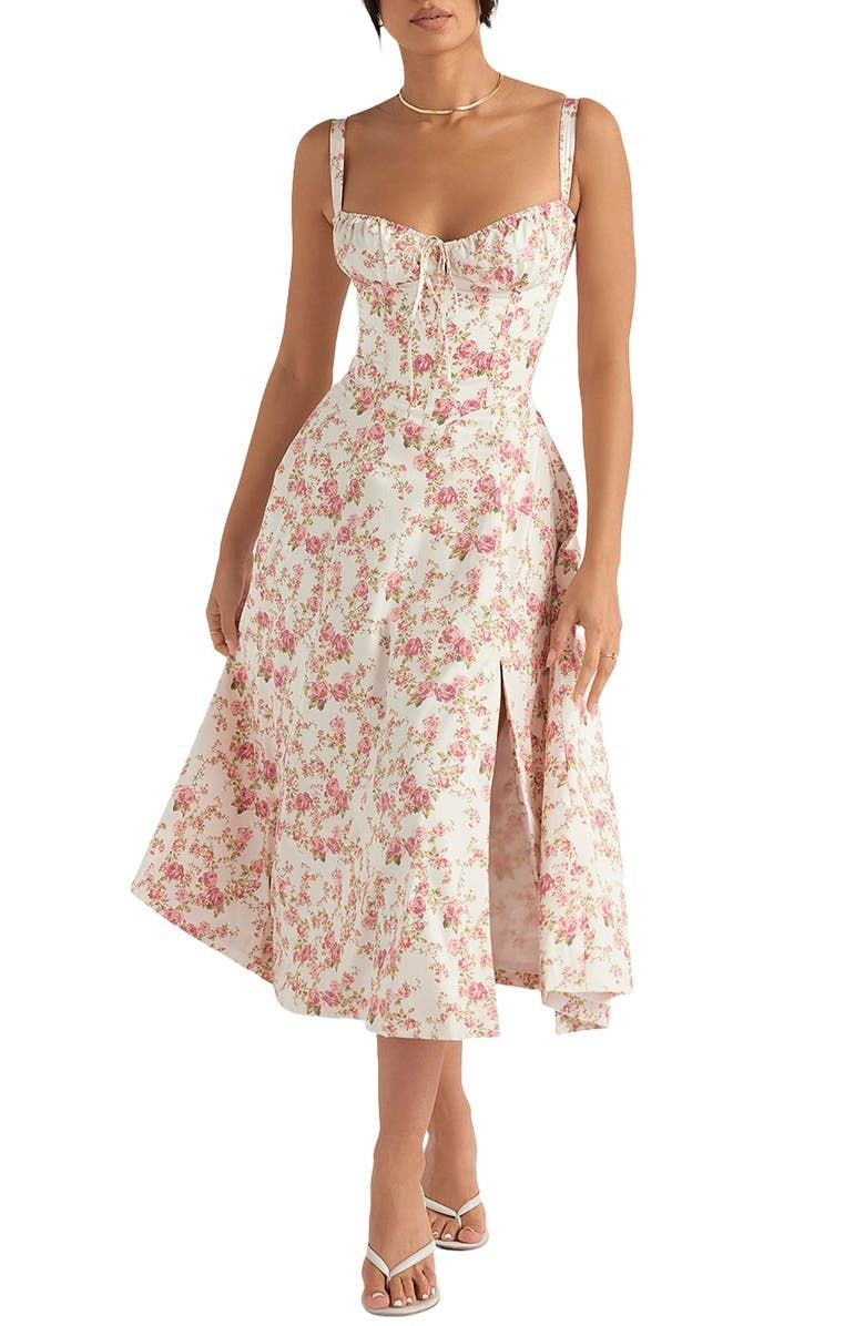 Beautiful floral print midi dress, women's elegant spring style for parties.