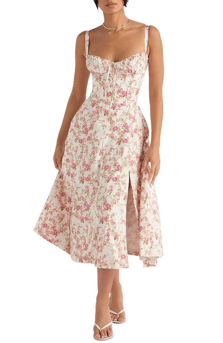 Beautiful floral print midi dress, women's elegant spring style for parties.