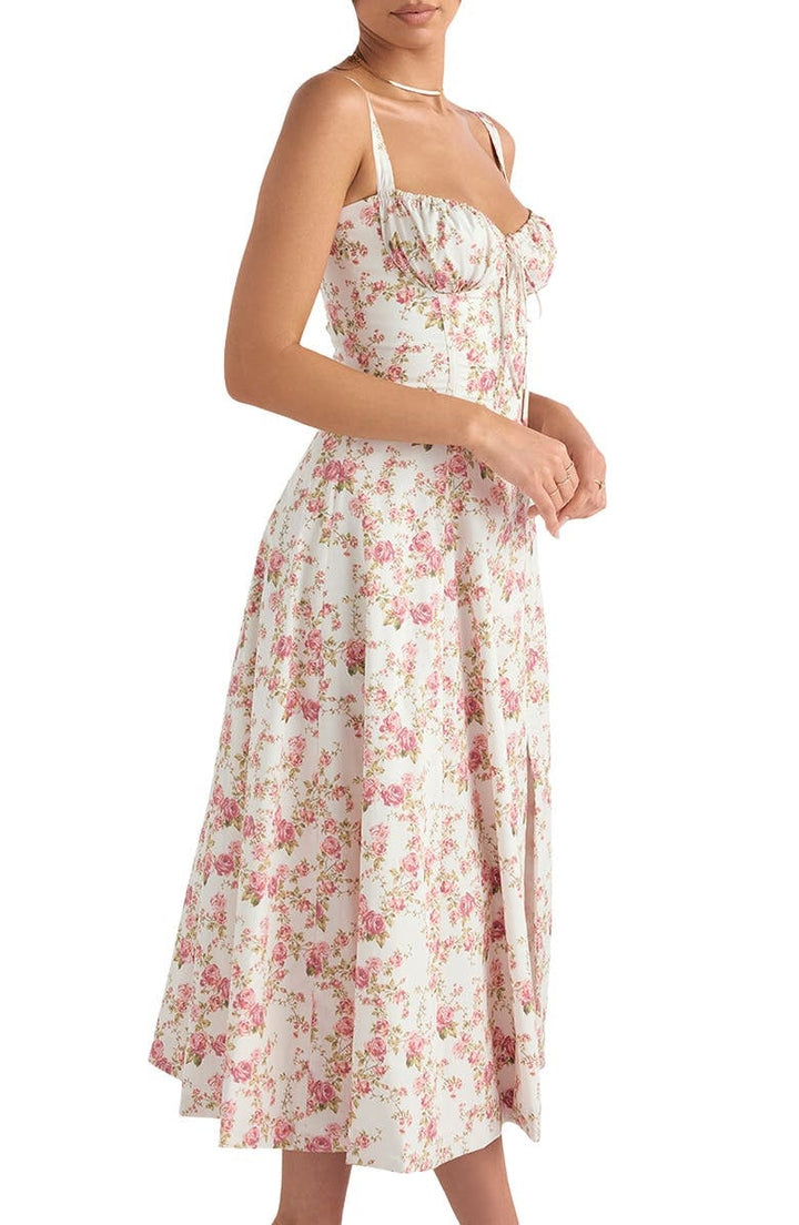 Stylish women's floral spring midi dress, perfect for elegant cocktail parties.