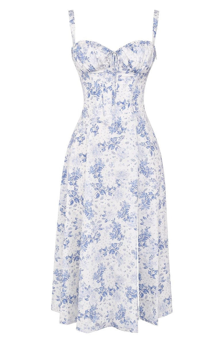 Chic women's floral print elegant midi dress for spring & summer fashion.