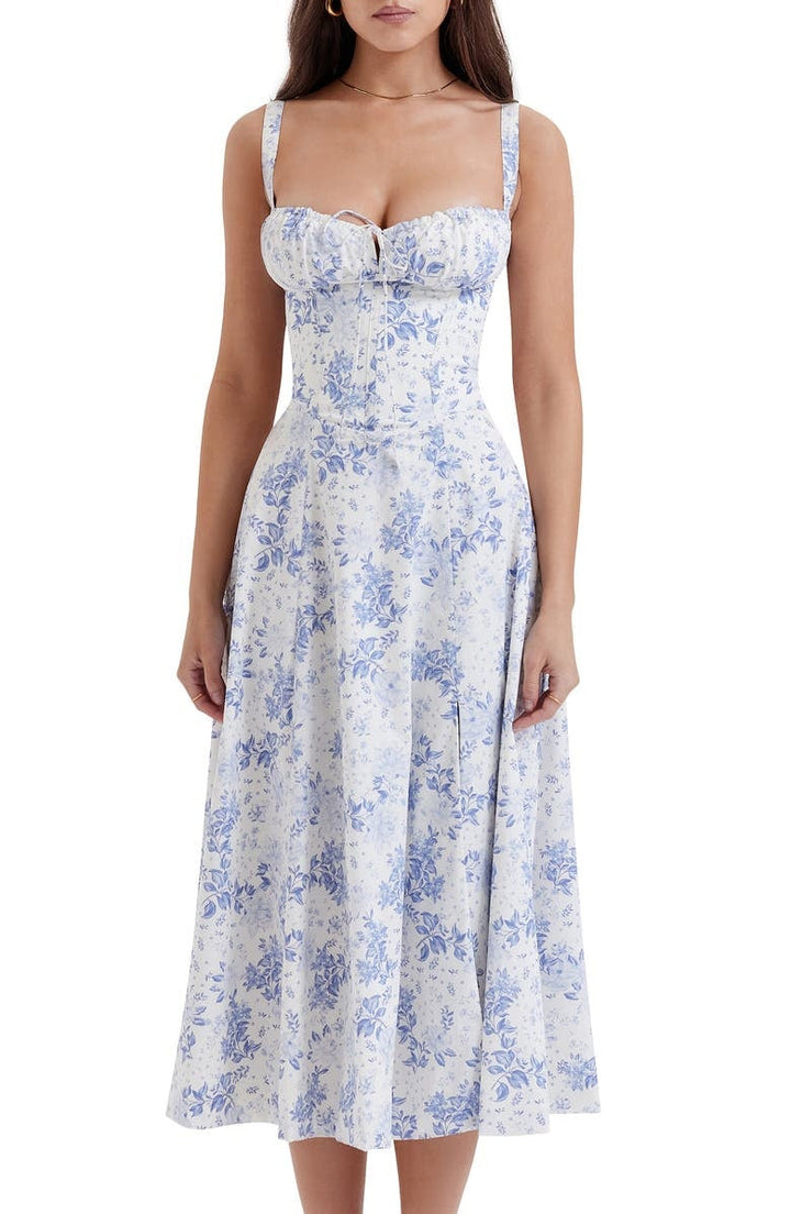 Elegant floral print midi dress, women's party style for spring & summer vacation.