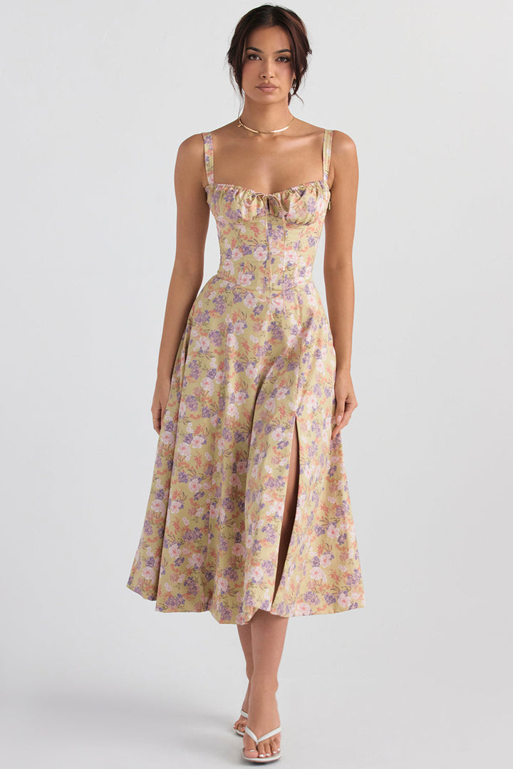 Charming floral print midi dress, women's elegant summer fashion for parties.