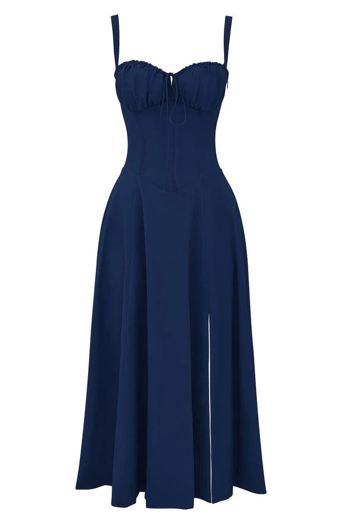 Chic women's floral print elegant midi dress, perfect for spring weddings.