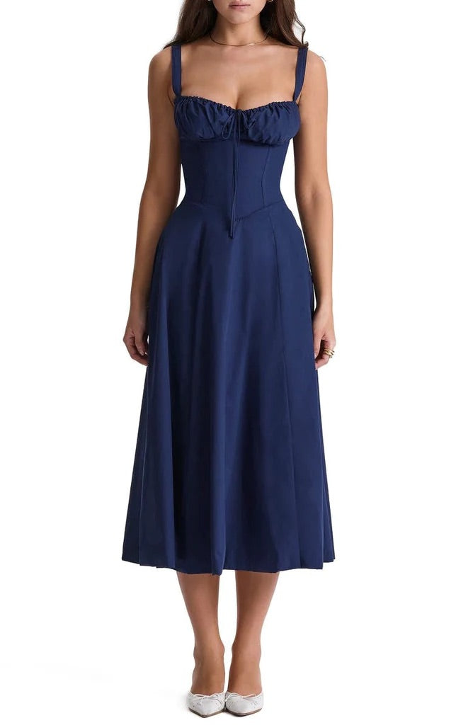 Elegant floral print midi dress, women's party style for sophisticated spring fashion.