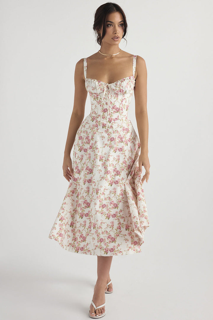 Women's elegant floral print midi dress, a stunning choice for spring & summer events.
