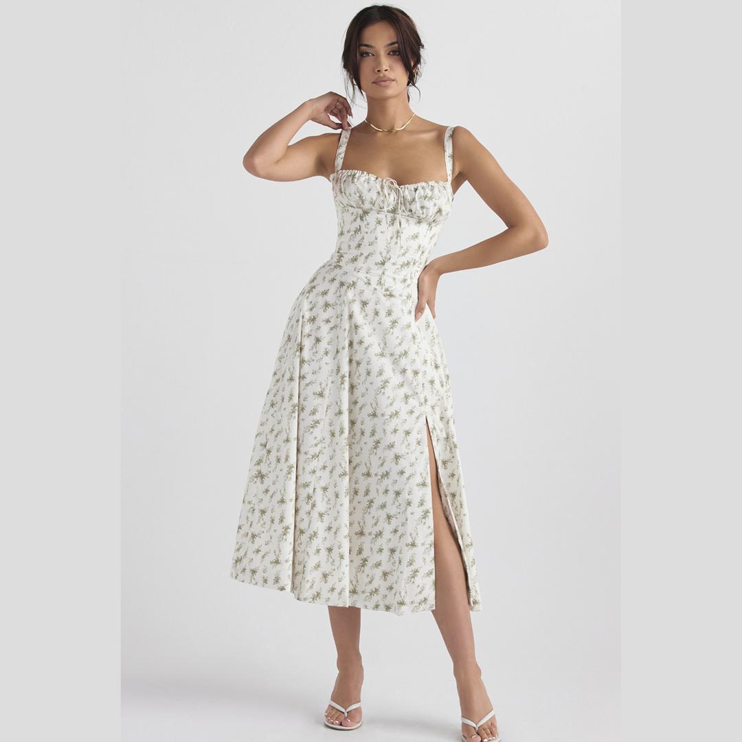 Spring floral print midi dress, an elegant women's party style for summer fashion.