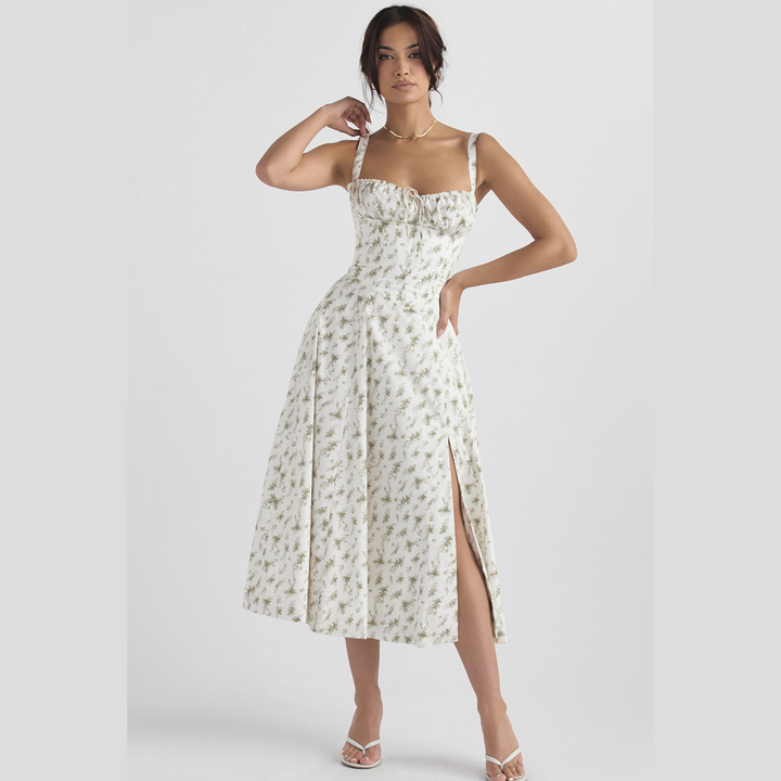 Spring floral print midi dress, an elegant women's party style for summer fashion.