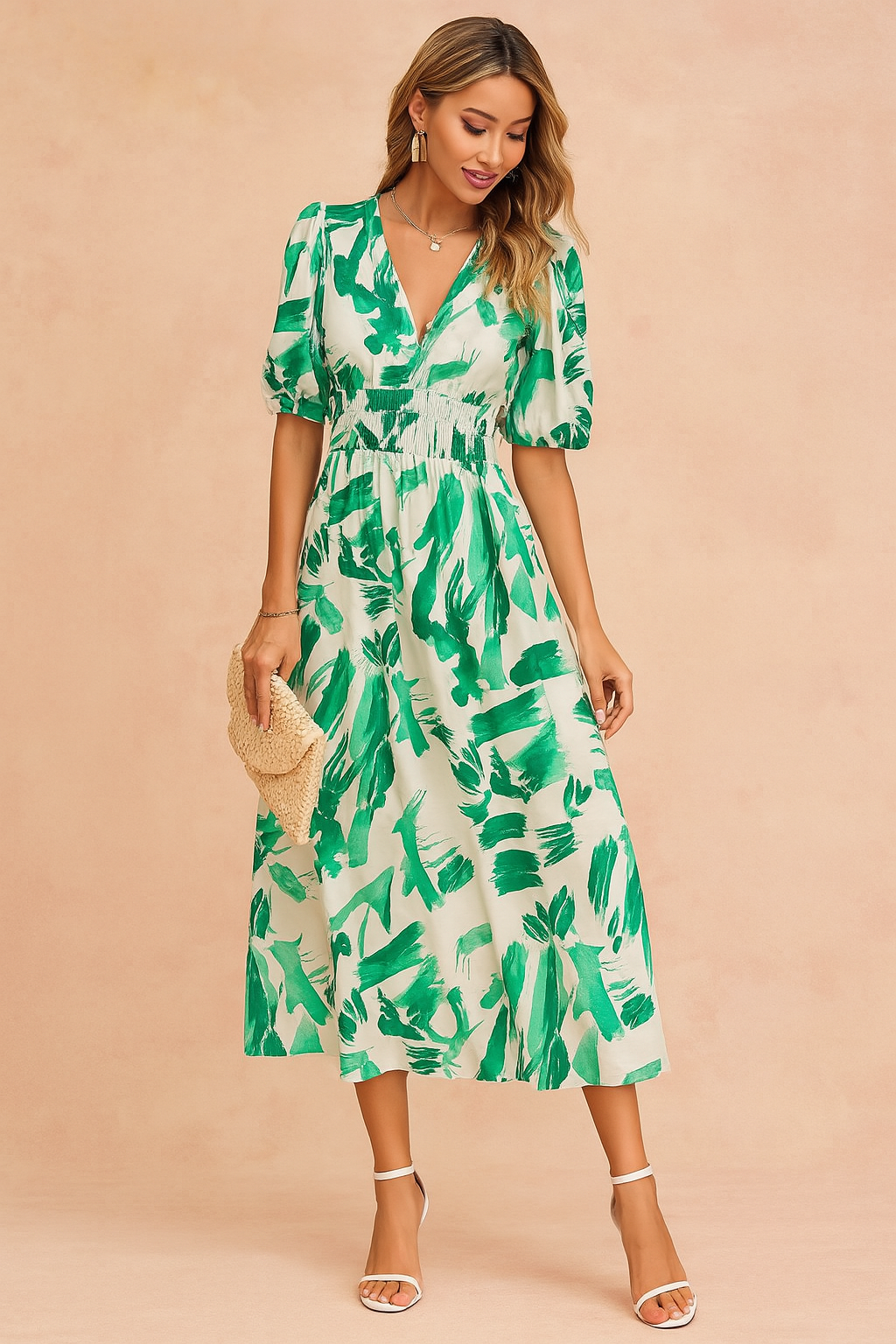 Elegant women's floral print summer midi dress with puffy sleeves & high waist. Perfect for vacation, party, or casual chic.