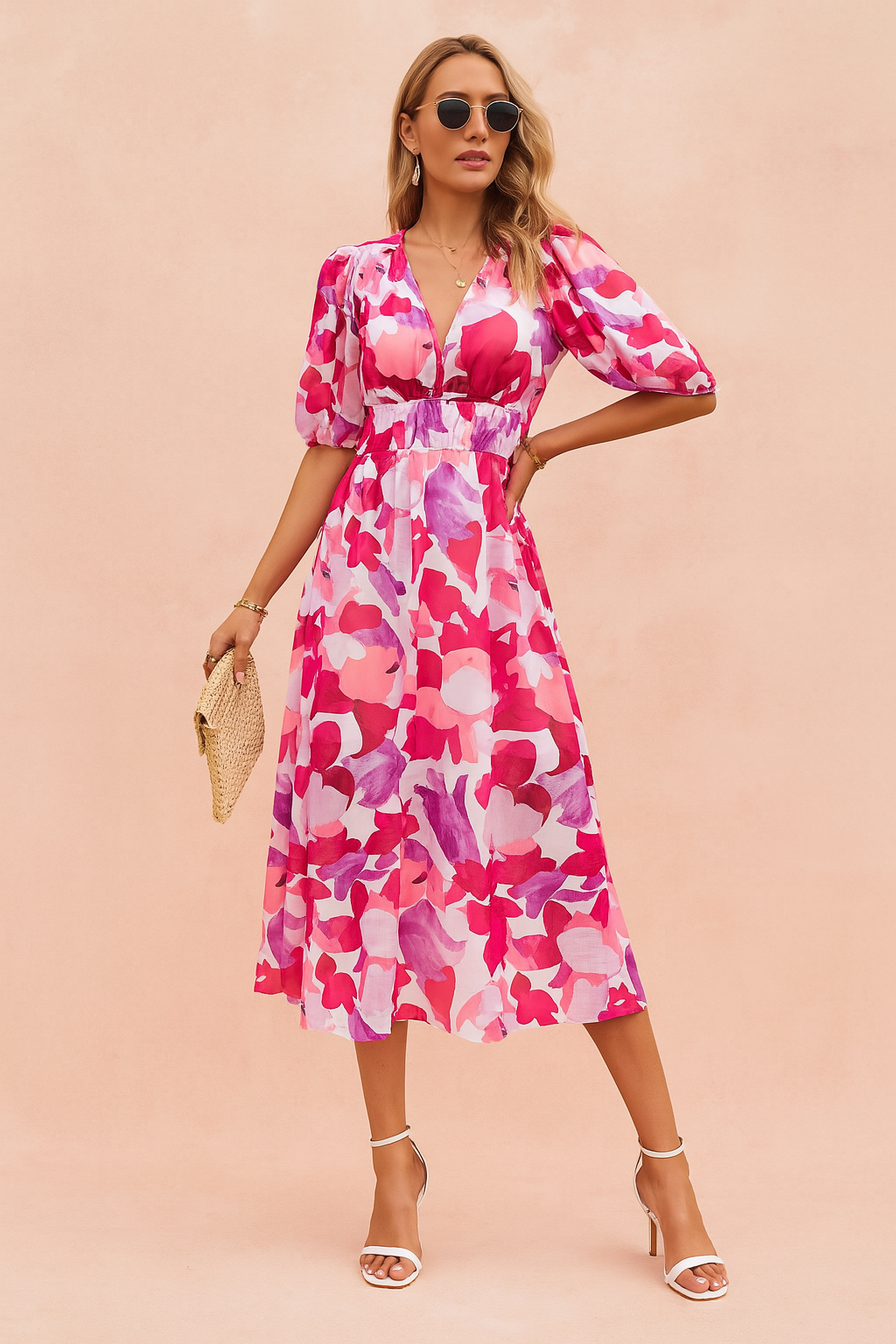 Boho women's floral summer midi dress featuring puff sleeves & a flattering high waist. Ideal for elegant parties & vacations.