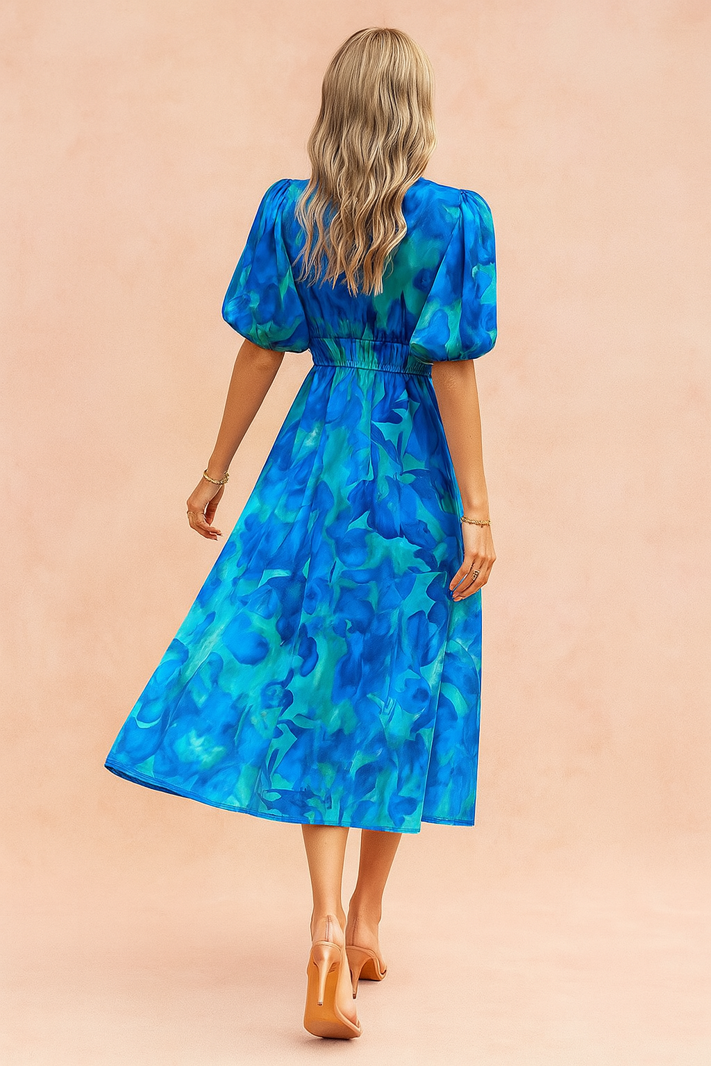 Women's vacation-ready floral midi dress, elegant puff sleeves & high waist design. Perfect summer dress for parties & casual events.