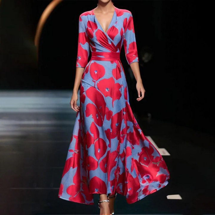 Elegant women's floral print wrap midi dress with a flattering V-neck, perfect for spring occasion wear.