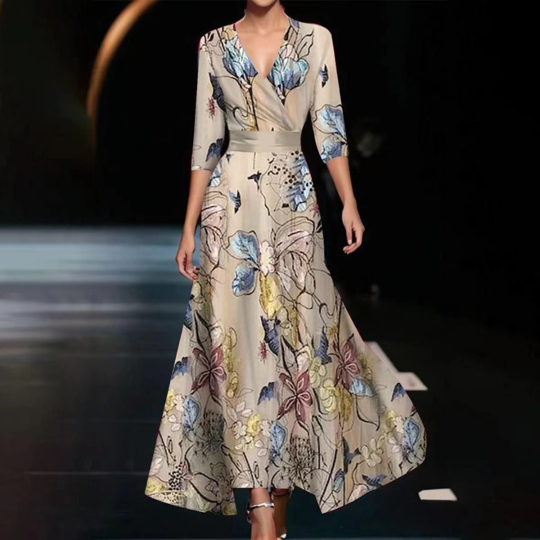 Stylish women's floral wrap dress with an elegant print, V-neck, and flowy silhouette, ideal for any occasion.