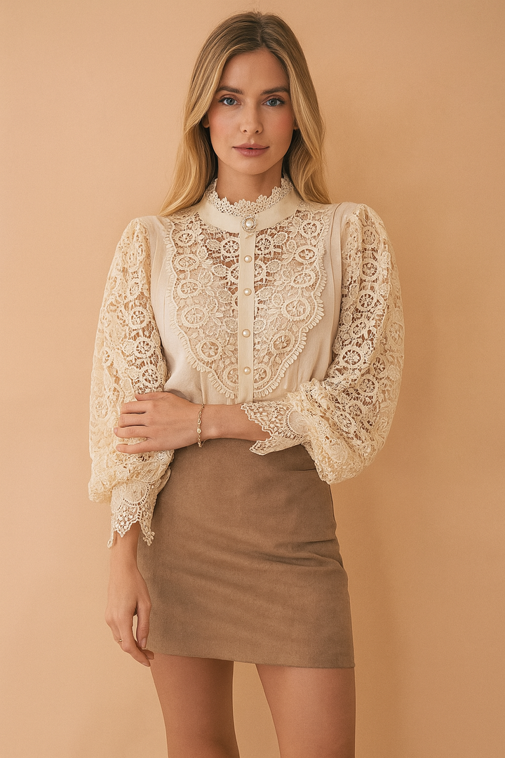 Elegant women's floral puff sleeve blouse. Timeless vintage style top for office, party, or romantic wear.