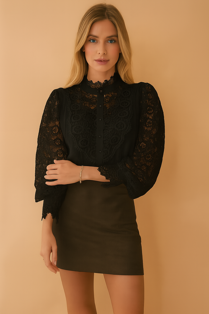 Sophisticated white floral puff sleeve blouse for women. Vintage style top, ideal for office or party fashion.