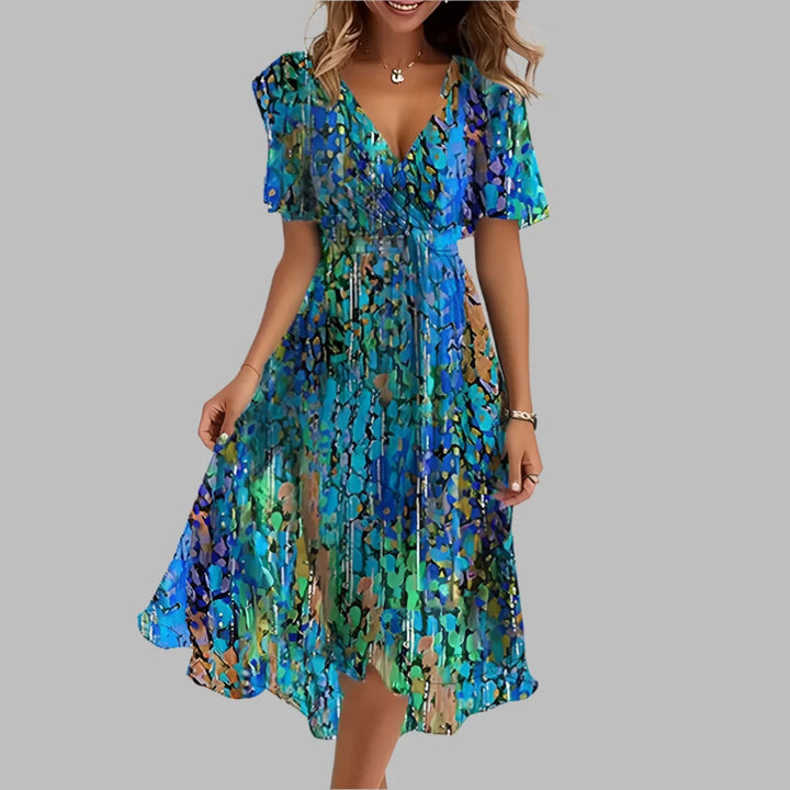 Elegant women's floral ruched midi dress with short sleeves, perfect for summer parties & date nights.