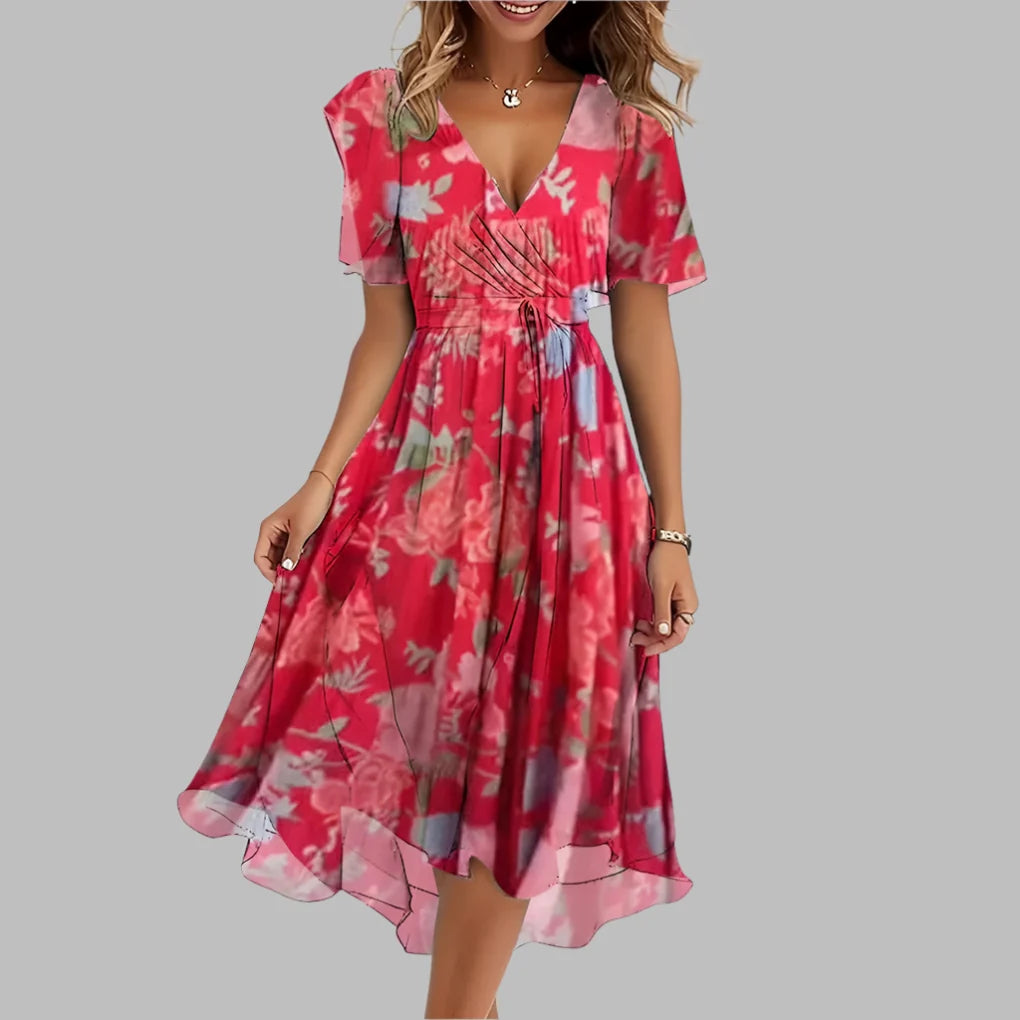 Women's elegant floral midi dress, ruched for a flattering fit. Perfect short sleeve party or date night dress.