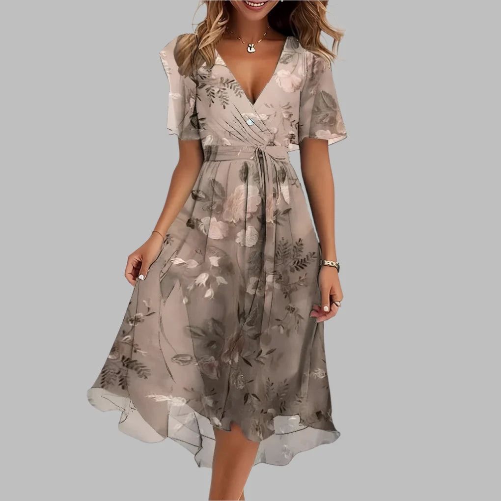Beautiful women's floral ruched midi dress, a stunning spring/summer occasion dress with short sleeves.