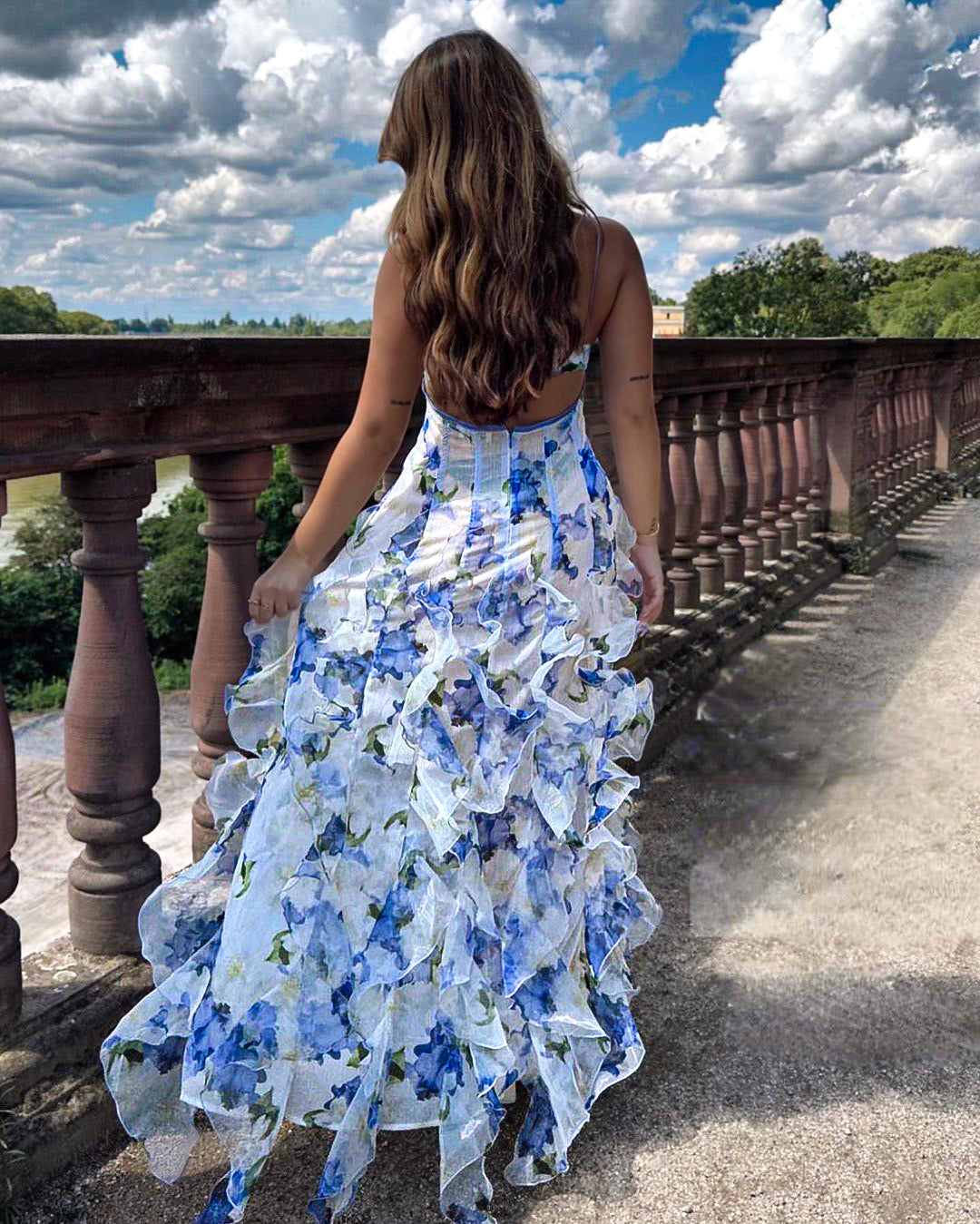 Chic women's ruffle floral midi dress. A beautiful and elegant choice for wedding guests, parties, and events.