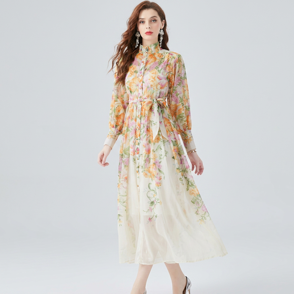 Elegant women's floral sheer maxi dress with long sleeves, tie waist, and button front, perfect for spring/summer occasions.