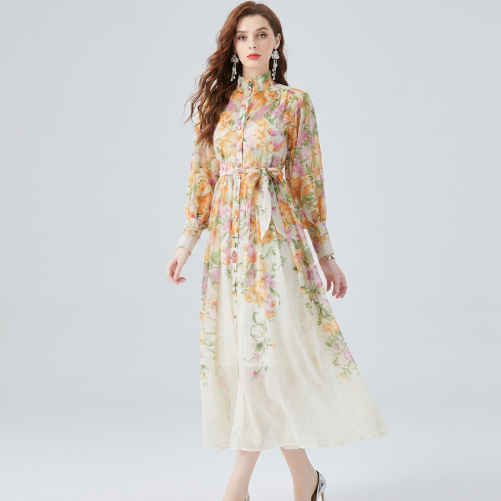 Elegant women's floral sheer maxi dress with long sleeves, tie waist, and button front, perfect for spring/summer occasions.