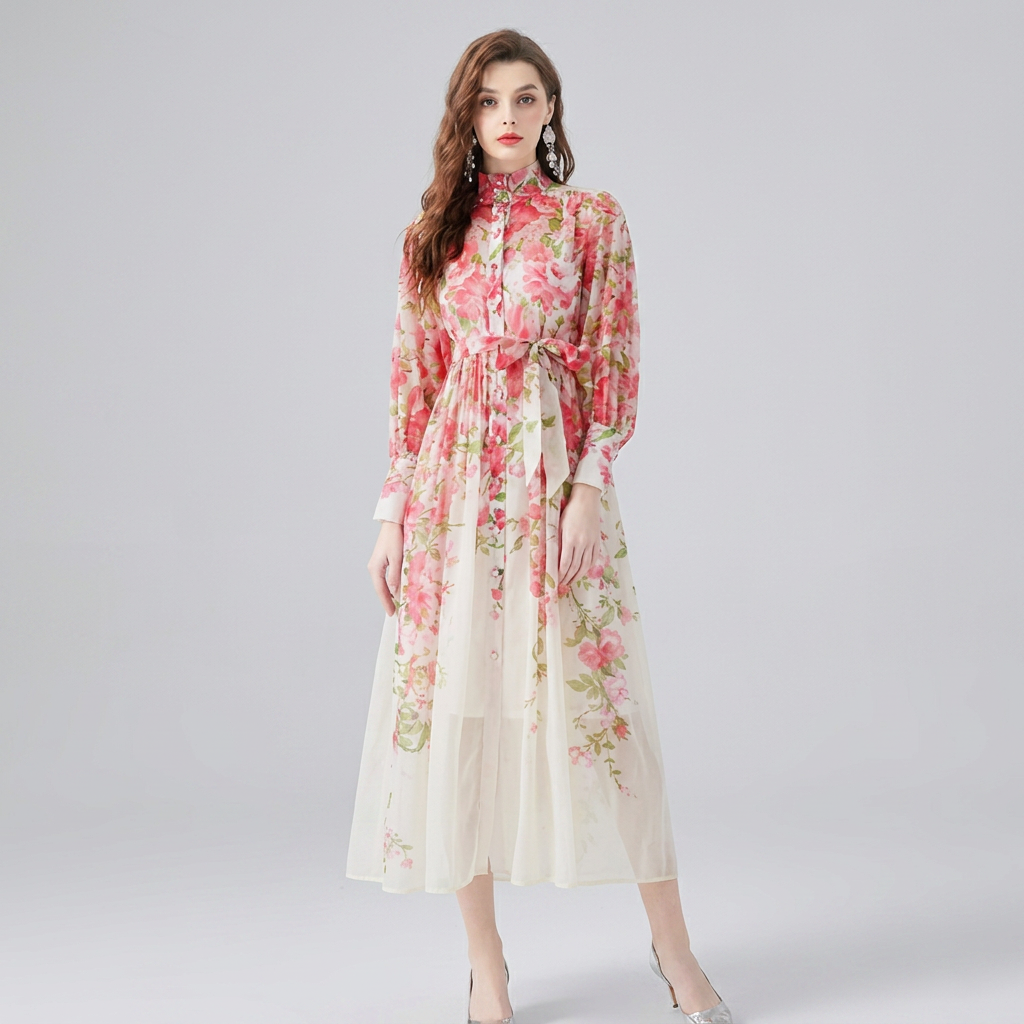 Flowy women's floral maxi dress featuring sheer long sleeves, ideal for elegant spring/summer fashion with a tie waist.