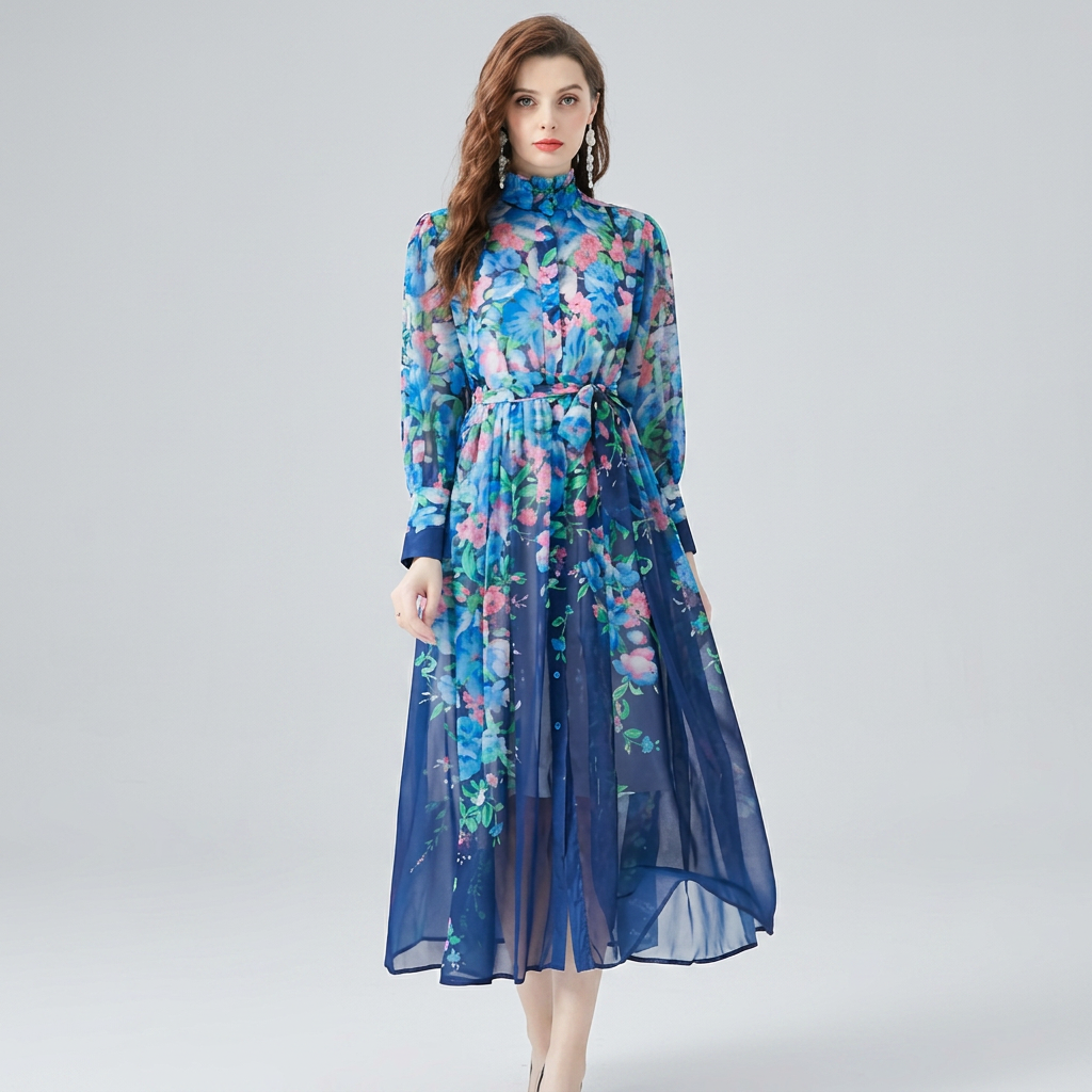Stylish women's floral sheer long sleeve maxi dress with button front, an elegant & flowy choice for spring/summer events.