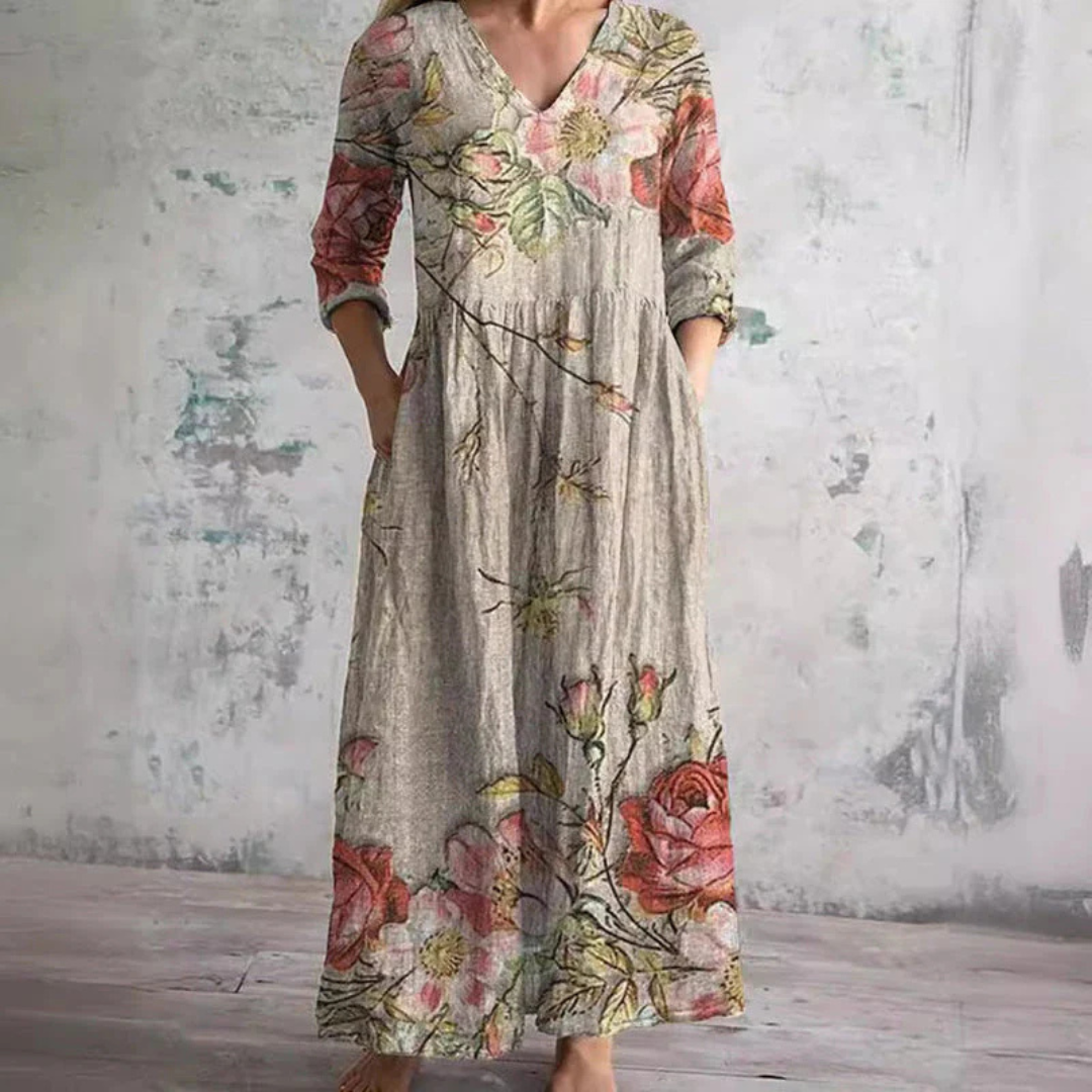 Elegant women's floral summer midi dress. Flowing & breathable, perfect for vacation or casual wear.